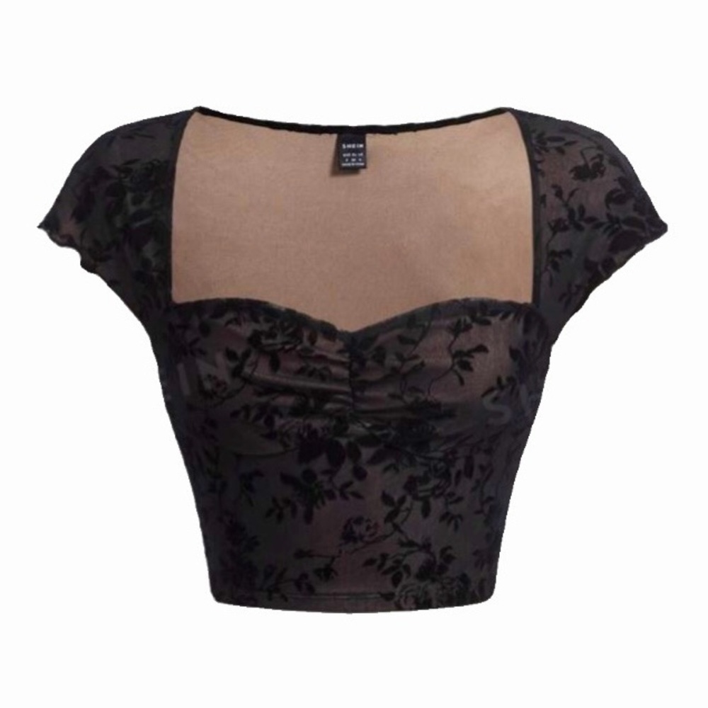 Black & Tan Mesh Floral Crop Top